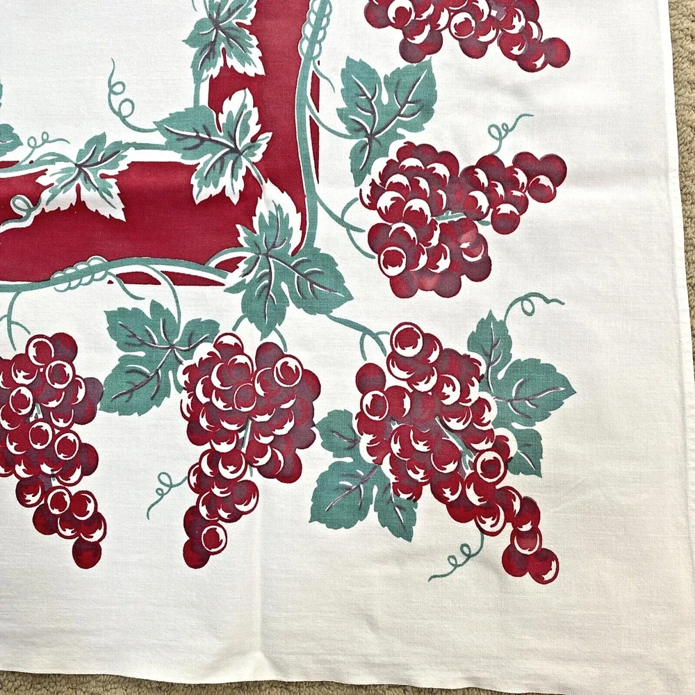 Vintage Mid Century Printed Cotton Tablecloth Red & Mint Green Grapevine Border